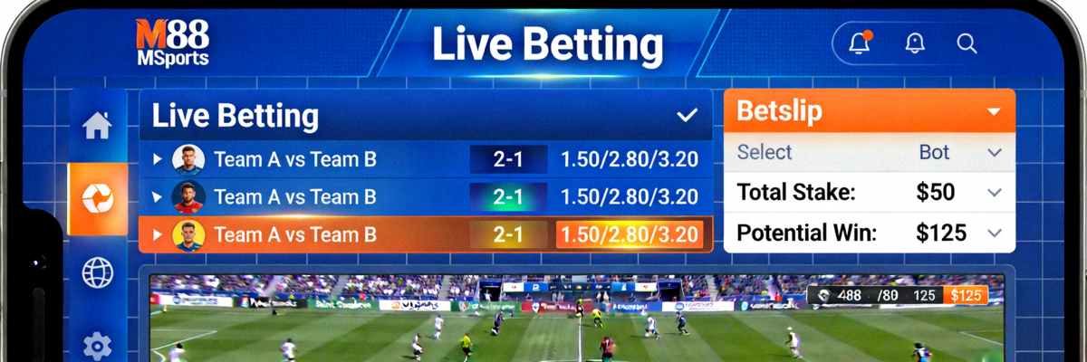 Antarmuka taruhan langsung live betting pada platform M88 MSports