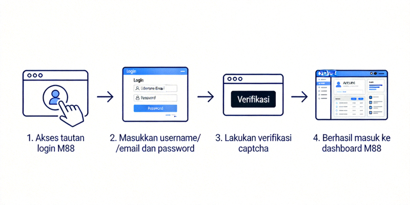 Diagram visual langkah-langkah login M88 mulai dari akses tautan hingga masuk dashboard