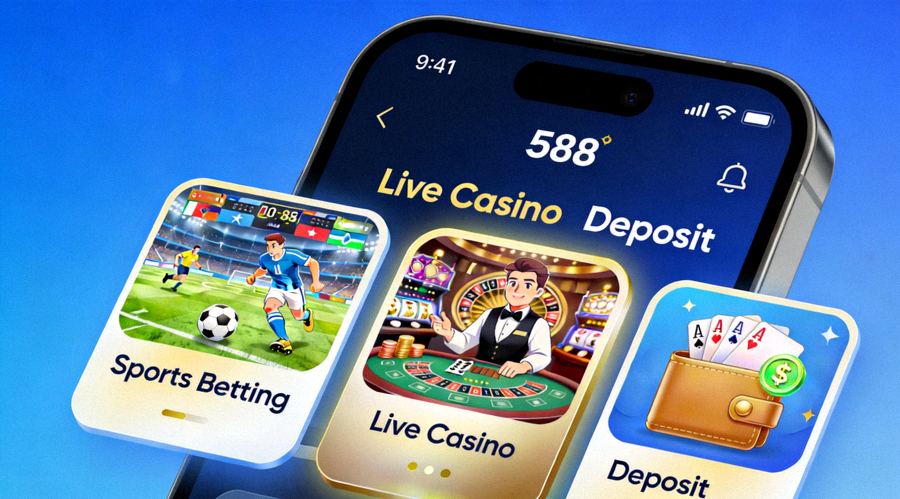 Ilustrasi berbagai fitur M88 mobile termasuk sports betting, live casino, dan deposit