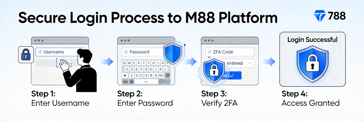 Ilustrasi proses login yang aman ke platform M88 dengan simbol gembok dan perisai