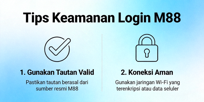 Infografis tips keamanan login M88 seperti menggunakan tautan valid dan koneksi aman
