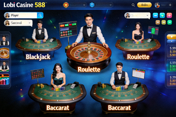 Lobi live casino M88 setelah login menampilkan berbagai meja dengan dealer langsung
