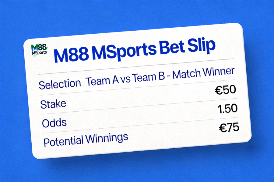 Slip taruhan atau bet slip yang menunjukkan detail taruhan dan potensi kemenangan di M88 MSports